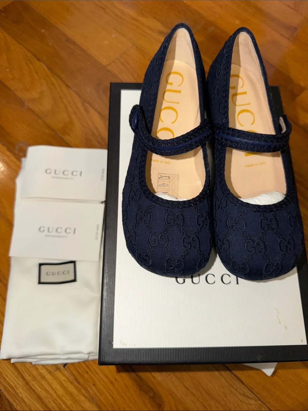 Gucci Kids Navy GG Jacquard Mary Jane Flats size 29